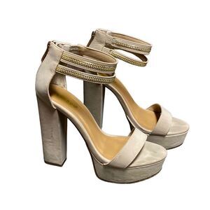 Bamboo Taupe Faux Suede Platform Sandal Block Heel Size 8